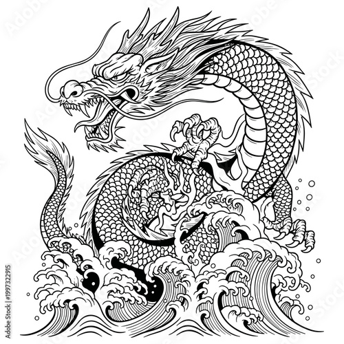 Chinese Dragon with Claws Coiled over Ocean Waves — Detailed Black Line Art Illustration