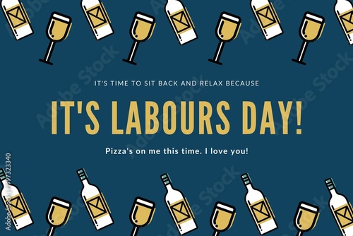 Labour Day celebration with wine and pizza, festive graphic design