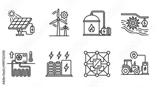 Energy sources icons solar panel wind turbine biomass hydro power and more