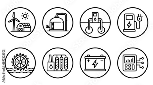 Energy icons representing renewable resources and technological innovations