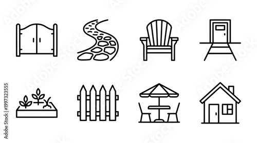 Garden elements vector illustrations of gates pathway furniture and house