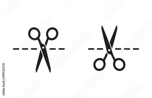 Pair of scissors icons with horizontal dashed lines for cutting isolated on transparent background vector.