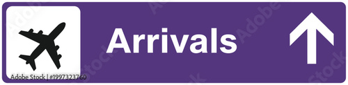 Airport Arrivals Sign with Airplane Icon and Direction Arrow for Passenger Guidance, Travel Navigation, Terminal Wayfinding, and Aviation Information Display Design