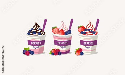 Set of Frozen Yogurt Cups with Different Berry and Sauce Toppings