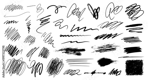 Brush strokes hand drawn set with black curved lines and grunge scrawls on white background featuring illustration, graphic resource, artistic with