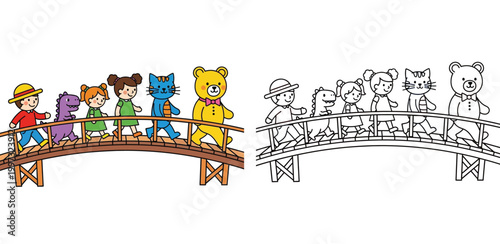 Cute Children and Animal Characters Walking Together on a Bridge - Vector Illustration