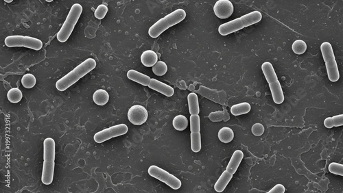 Microscopic view of rod-shaped and spherical bacteria on a textured surface, scientific research background