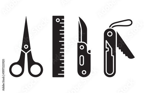 Collection of various tools including scissors ruler pocket knife and multi tool.