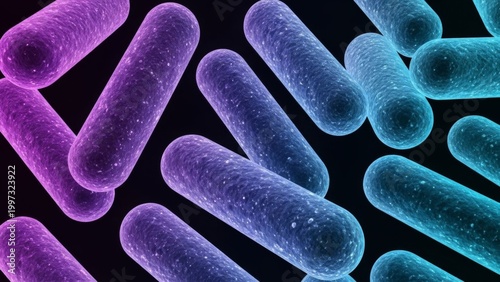 Microscopic view of rod-shaped bacteria cells, 3d render, science background