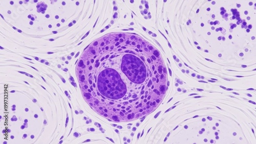 Microscopic view of a multinucleated cell with purple nuclei and cytoplasm, scientific research