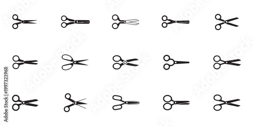 Arrangement of scissors in various styles and orientations for design needs.