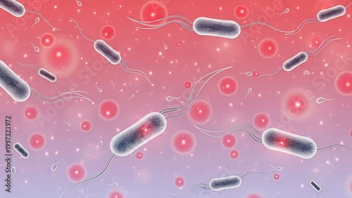 Microscopic view of bacteria and sperm cells in a fluid, scientific illustration for medical research