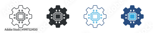 AI settings icon set. Gear and microchip symbol. Smart technology and system configuration icons, vector illustration.