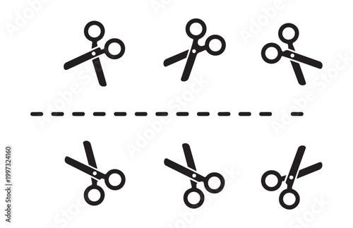 Six pairs of scissors icons above and below dashed line on transparent checkered background.