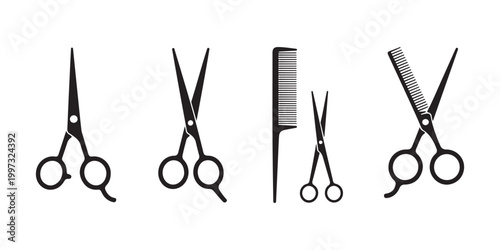 Hairdressing tools set with various scissors and comb black silhouette isolated on transparent background.