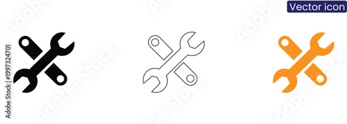 Crossed wrench and spanner icons in black, Line art, And orange on white background