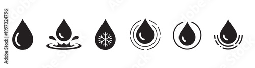Water drop vector icons set. liquid drop, splash, ripple and snowflake symbols collection.