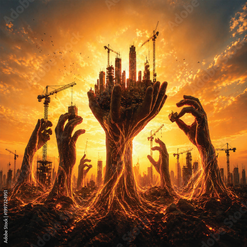 Giant Glowing Molten Hands Sculpt A Burning City Forged From Earth