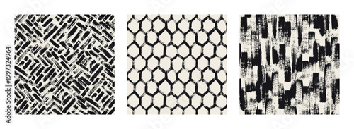 Vector seamless pattern set. Abstract background with brush strokes. Monochrome, hand-drawn print. Artistic tileable strokes. Collection of creative swatches. Modern surface design.