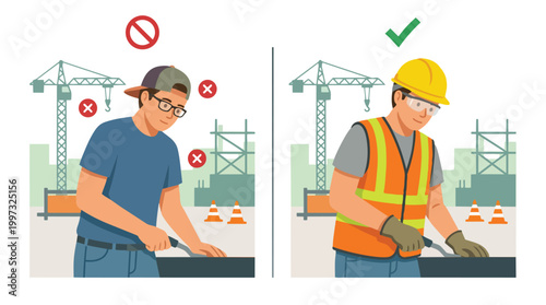 Construction Safety Illustration Showing Correct and Incorrect Worker Practices on a Building Site with Cranes