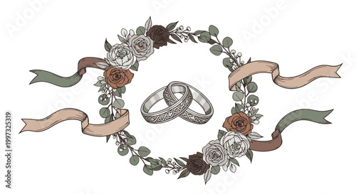 Wedding rings with floral decorative circle.