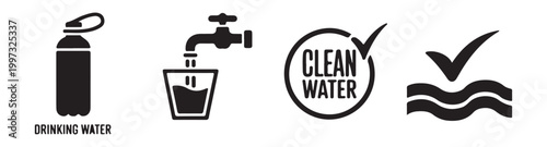 Clean drinking water icons bottle tap filling glass verified symbol wavy water elements for water saving campaign and health.