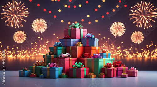 Colorful gift boxes stack with festive fireworks background for holiday celebration