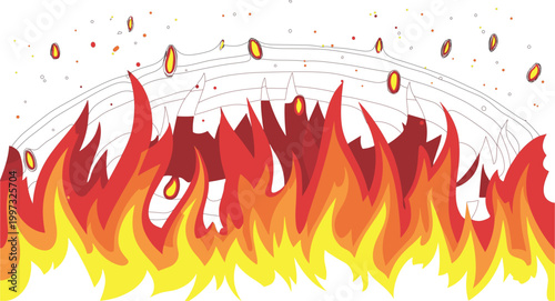 Professional illustration of vibrant red and orange fire flames integrated with mechanical cogwheels for industrial energy and engine power concept vector