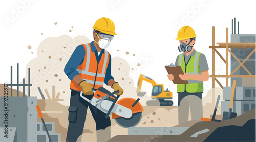Construction Site Workers Operating Heavy Machinery and Inspecting Building Progress Vector Illustration