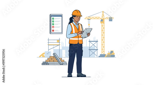 Construction Site Inspection with Digital Tablet Female Worker Safety Check List Building Industry Vector Illustration