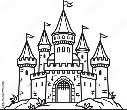 fairy tale castle outline medieval fortress palace black line art vector illustration