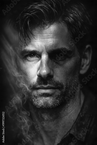 Intense portrait of a man with smoke, dramatic film noir style, high contrast black and white aesthetic, mysterious moody atmosphere.