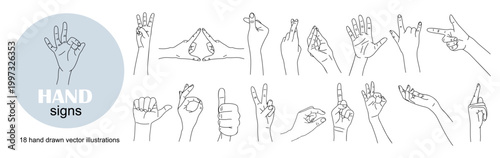 Hand signs and gestures set in line art style. Collection of expressive hands showing communication, symbols and directions for UI, education and design, vector illustration.