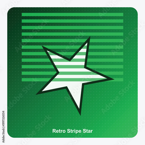 Retro Green Vector Illustration of a Striped Five-Pointed Star on a Gradient Background with Horizontal Lines, 80s Style Graphic Design
