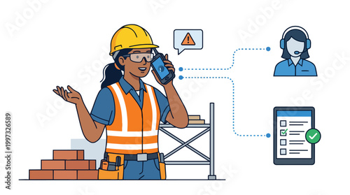 Construction Worker Reporting Safety Issue on Mobile Phone with Support Team and Checklist Vector Illustration