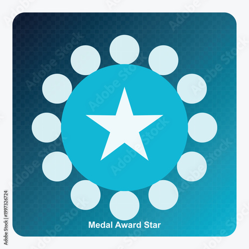 Modern Medal Award Star Icon: Blue Vector Graphic with Circular Dots and Central White Star Symbol for Success, Achievement, and Excellence Recognition Design