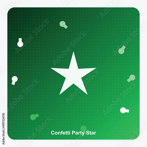 White Confetti Party Star Icon on Vibrant Green Gradient Background with Floating Geometric Shapes and Modern Minimalist Design