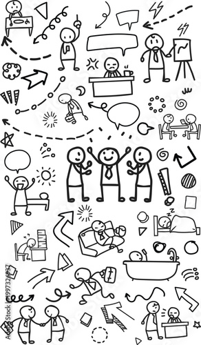 Vertical Happy Business Team Daily Work Doodle Vector Background