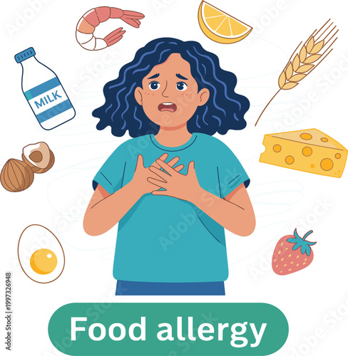 Professional illustration of a girl with a food allergy reaction surrounded by common allergens like milk, eggs, nuts, and wheat vector.