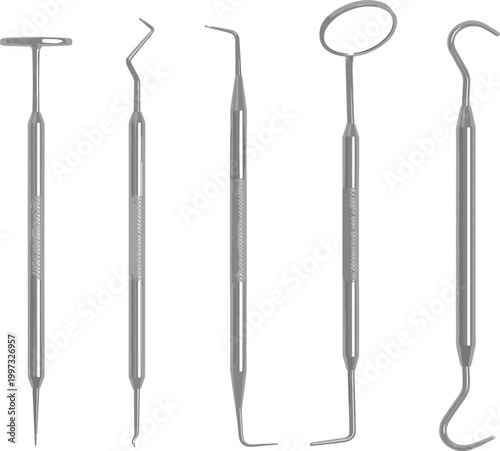 Professional illustration of stainless steel dental tools including mouth mirror and probes for oral examination vector.