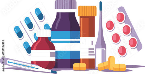 Professional flat design illustration of various medical supplies including medicine bottles, pill blister packs, and a thermometer vector
