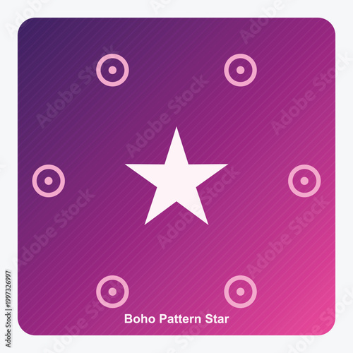 Boho Pattern Star Graphic on Purple Pink Gradient Background with Circular Ornaments, Flat Minimalist Bohemian Vector Design