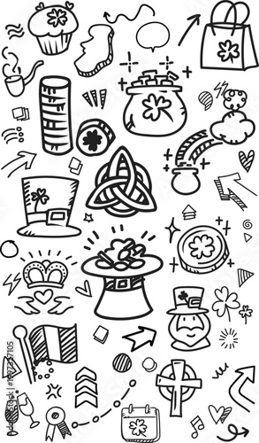Vertical Saint Patrick Day Lucky Symbols Hand Drawn Doodle Vector
