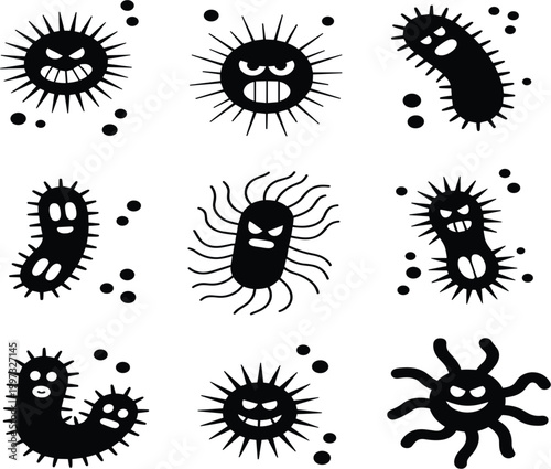 Professional black silhouette icon set of various angry and smiling bacterial characters.