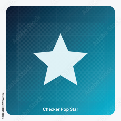 Checker Pop Star Icon: Minimalist White Star Vector Graphic on Teal Blue Gradient Background with Checkered Pattern Overlay for Digital Design