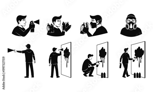 Set of illustrations depicting man spraying with aerosol can and wearing gas mask