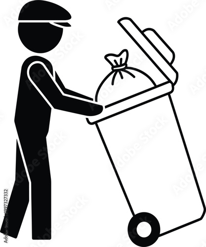 Professional black silhouette icon of a person wearing a cap putting a full garbage bag into a wheelie bin vector