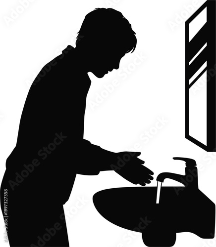 Professional black silhouette icon of a person washing hands at a bathroom sink with mirror