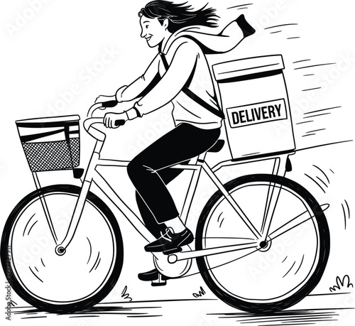 Professional line art illustration of a delivery person riding a bicycle with a cargo box vector