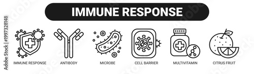 Immune Response web banner icon vector illustration concept with icons of immune response, antibody, microbe, cell barrier, multivitamin, and citrus fruit.